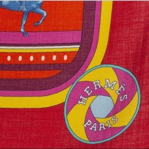 Authentic HERMES red SEQUENCES 140 cashmere silk Shawl Scarf.